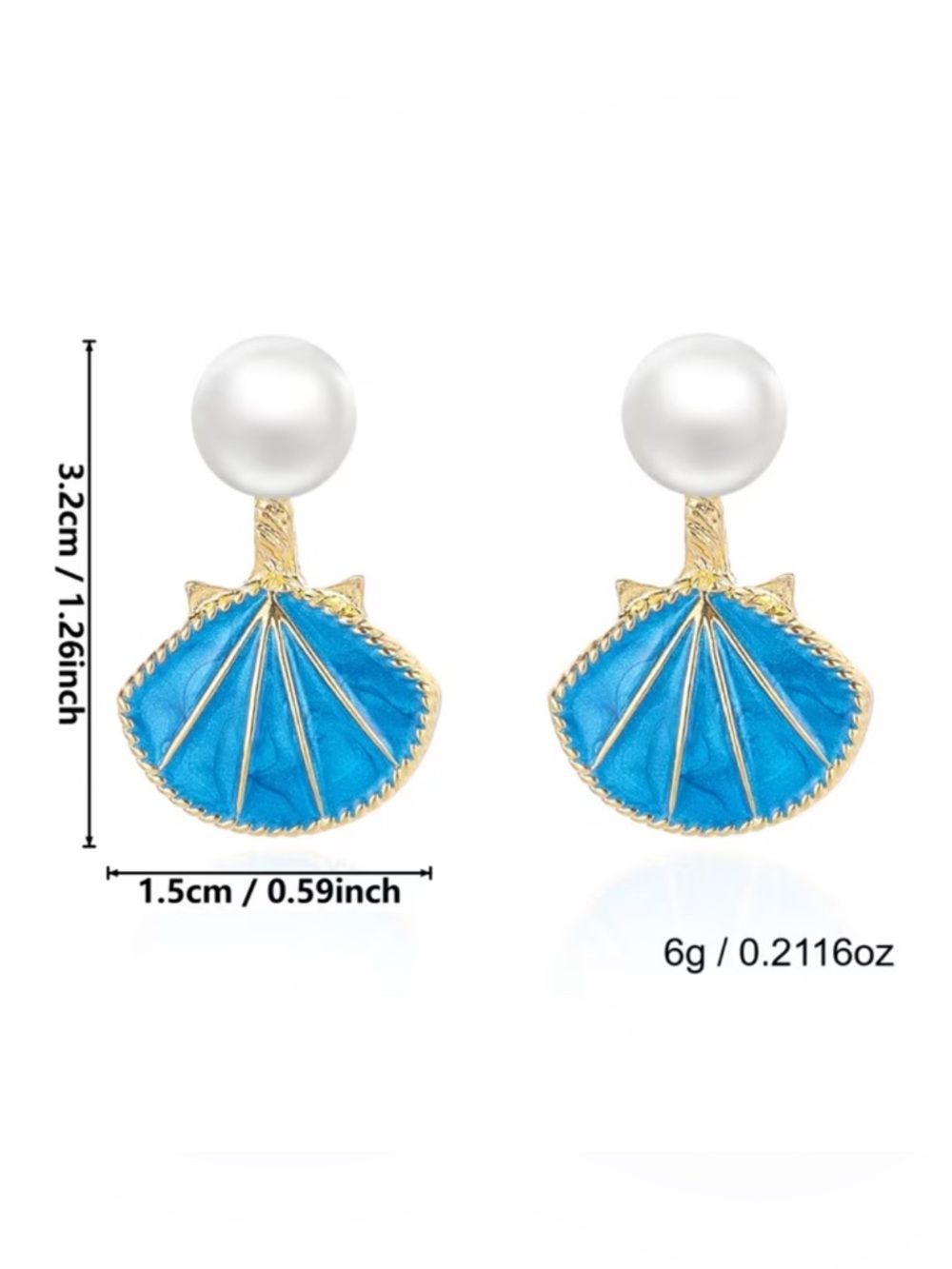 Pearl Top Blue Shell Fan Drop Earrings - Women Jewelry - Picture 4 of 5